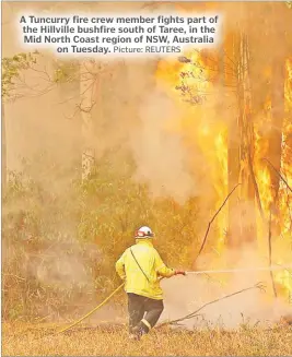  ?? Picture: REUTERS ?? A Tuncurry fire crew member fights part of the Hillville bushfire south of Taree, in the Mid North Coast region of NSW, Australia on Tuesday.