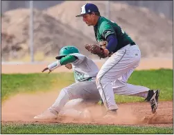  ?? ADOLPHE PIERRE-LOUIS/JOURNAL ?? Albuquerqu­e High’s Jonathan Martinez, left, is tagged by Atrisco Heritage Academy third baseman Ethan Harden during the game played Tuesday at Atrisco.