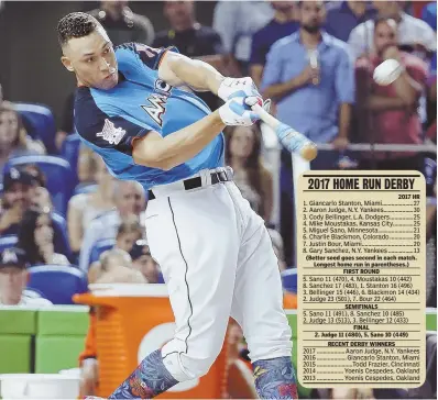  ?? AP PHOTO ?? RULING THE NIGHT: The Yankees’ Aaron Judge cracks one deep during his dominating victory in last night’s All-Star Home Run Derby in Miami.