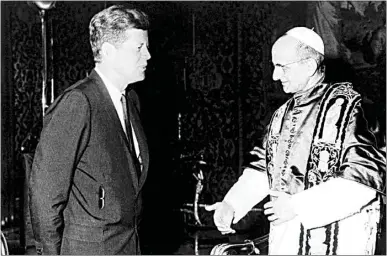 ?? AP FILE PHOTO ?? In this July 2, 1963, file photo, President John F. Kennedy and Pope Paul VI talk at the Vatican. Kennedy’s meeting with Pope Paul VI at the Vatican was historic: the first Roman Catholic president of the United States was seeing the Roman Catholic pontiff only days after his coronation. President Joe Biden is scheduled to meet with Pope Francis today. Biden is only the second Catholic president in U.S. history.