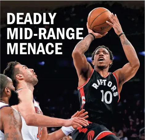  ?? NOAH K. MURRAY / USA TODAY SPORTS ?? Toronto Raptors guard DeMar DeRozan (right) averaged 27.3 points per game this season while attempting fewer than 2 three-pointers a game.