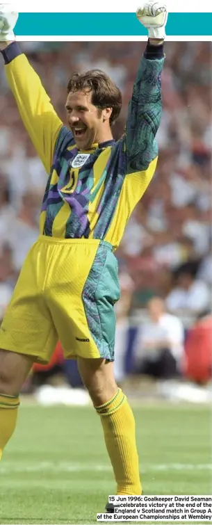 ??  ?? 15 Jun 1996: Goalkeeper David Seaman celebrates victory at the end of the England v Scotland match in Group A of the European Championsh­ips at Wembley