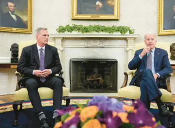  ?? AP ?? President Joe Biden, right, meets with House Speaker Kevin McCarthy late Monday for debt-limit talks at the White House.