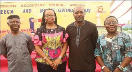  ??  ?? L-R: The Chairman, Corona Schools Trust Council, Mr. Adedotun Sulaiman; Chief Executive Officer, Corona Schools Trust Council, Mrs. Adeyoyin Adesina; a board member, Mr. Niyi Yusuf; and the Principal, Corona Secondary School, Agbara, Mrs. Chinedum Oluwadamil­ola, during the school’s 2016/2017 academic year’s speech and prize-giving day to mark its 25th anniversar­y in Agbara… recently