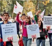  ?? PTI ?? Student activists during their protest march against RSS and ABVP from Mandi House to Jantar Mantar in New Delhi on Friday. —