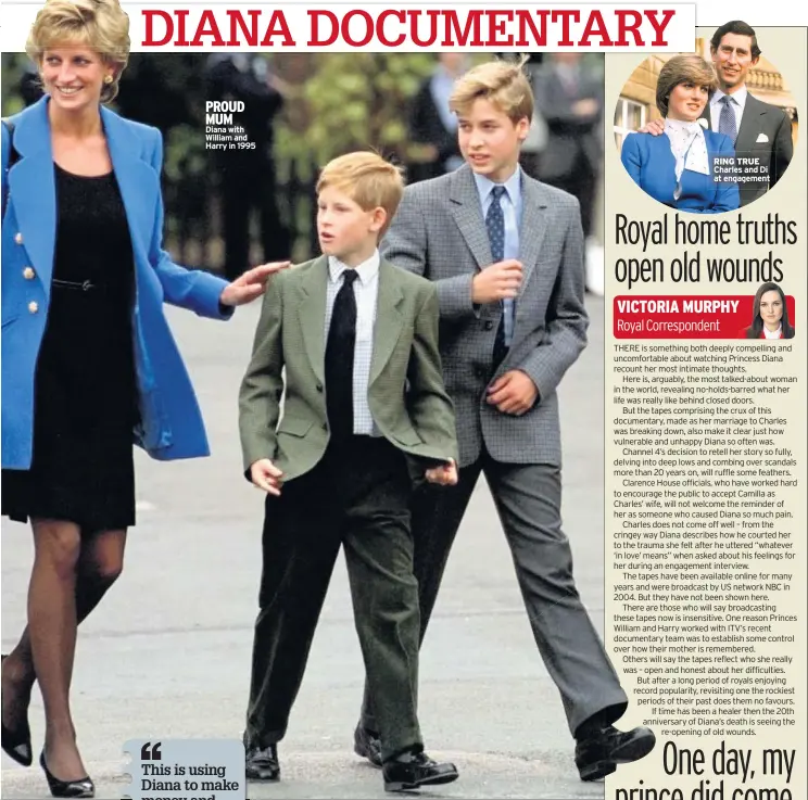  ??  ?? PROUD MUM
Diana with William and Harry in 1995 RING TRUE Charles and Di at engagement