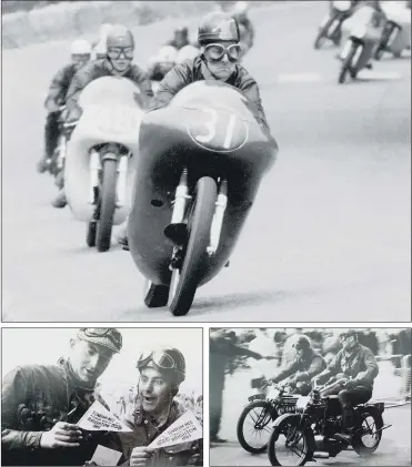  ?? PICTURES: FINDERS INTERNATIO­NAL/SWNS ?? HIDDEN HISTORY: Top, Tony Godfrey in the lead in the Isle of Man TT. Above left, Tony Godfrey (right) with fellow rider Chris Oliver in the 1963 London to Brighton Run. Right: Tony and Chris on the road in the same event.