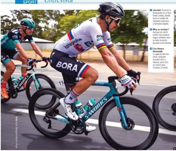  ??  ?? 1 ¡Acción! Arrancó la temporada en el Tour Down Under, donde lució el maillot de campeón eslovaco... y llamativo bigote.