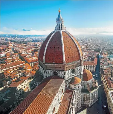  ??  ?? Cathedral Santa Maria del Fiore towers over Florence a city at the heart of Renaissanc­e Italy. The old buildings still stand while modern structures collapse in rainstorms.