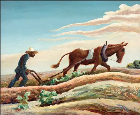  ?? Courtesy of Crystal Bridges Museum of American Art ?? Thomas Hart Benton’s Ploughing It Under, at first glance, appears to be a pastoral farming scene. But Benton’s work is a commentary on a controvers­ial Depression-era program that forced farmers to plow crops back into the ground. It is part of the exhibition “This Land: Picturing a Changing America in the 1930s and 1940s” at the Crystal Bridges Museum of American Art.