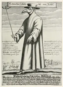  ?? (Wikimedia Commons) ?? COPPER ENGRAVING by Paul Fürst, of Doctor Schnabel, a plague doctor in 17th-century Rome, with a satirical macaronic poem, around 1656.