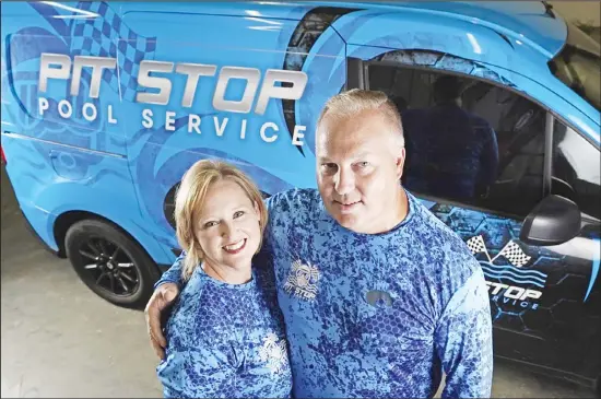  ??  ?? Amy and Cody Morgan pose in their new warehouse on Sept 4, 2020, in Cypress, Texas. The couple, who lost their jobs as corporate executives during the coronaviru­s pandemic, decided to
start a pool servicing company, Pit Stop Pools. (AP)