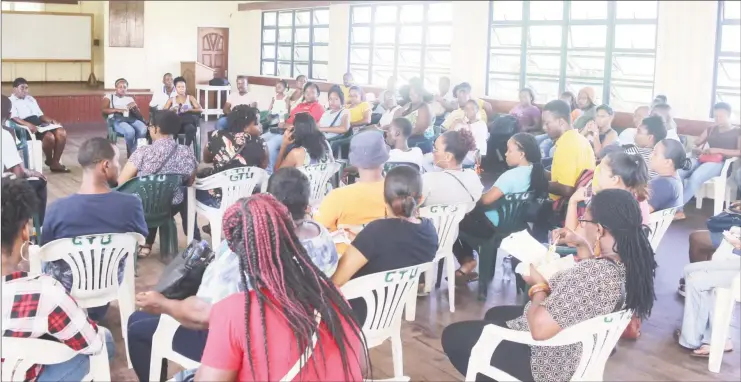  ??  ?? A section of the group of teachers who met with the Guyana Teachers’ Union (GTU) Executive yesterday to demand industrial action after the Ministry of Education refused to grant the majority of the proposed salary and non-salary measures requested by the union in 2015.