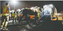  ?? FEI/YUSUKE NAKANISHI/REUTERS ?? Some 36 horses, each weighing from 510 to 630 kilograms, arrive at Tokyo Haneda Airport on Friday after an 18-hour flight from Europe. Thankfully, horses sleep standing up.