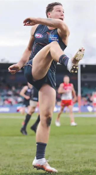  ??  ?? Toby Greene is under the microscope for a bump on umpire Matt Stevic. Picture: Getty