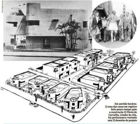  ??  ?? Em sentido horário: 1) uma das casas em registro feito pouco tempo após a construção 2) Flávio de Carvalho, criador da vila, faz performanc­e vestindo saia 3) desenho do projeto