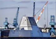  ?? ROBERT F. BUKATY / ASSOCIATED PRESS 2017 ?? The future USS Michael Monsoor leaves Bath Iron Works for sea trials in Bath, Maine. The Zumwalt-class destroyers use two main turbines similar to ones used on Boeing 777 jetliners.