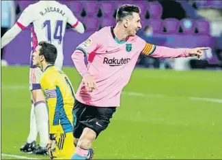  ?? AFP7 VÍA EUROPA PRESS / EP ?? Leo Messi celebra su último gol con el Barcelona, en Valladolid