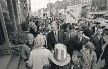  ?? J. WALTER GREEN/AP ?? Sen. Eugene McCarthy, D-Minn., campaigns on Main Street in Manchester, N.H., on March 9, 1968, three days before the state primary in which he got within 8 points of President Lyndon B. Johnson.