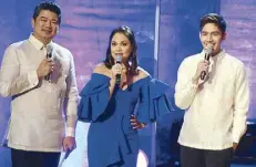  ??  ?? Hosts (from left) Julius Babao, Judy Ann SantosAgon­cillo and Robi Domingo