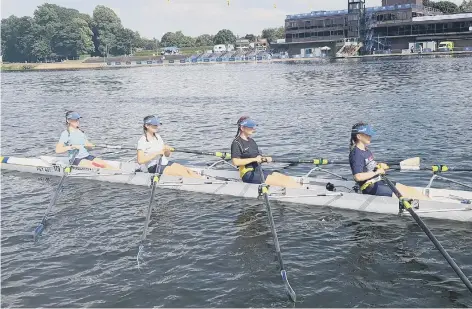  ??  ?? Peterborou­gh City’s Sophie Bicknell, Lottie Tasker, Wiktoria Szubzda and Erin Ansell-Crook in the Women’s J15 coxed quad.