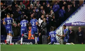  ?? Photograph: Ryan Pierse/Getty Images ?? Auston Trusty (right), on loan at Birmingham from Arsenal, celebrates his early goal at St Andrew’s.