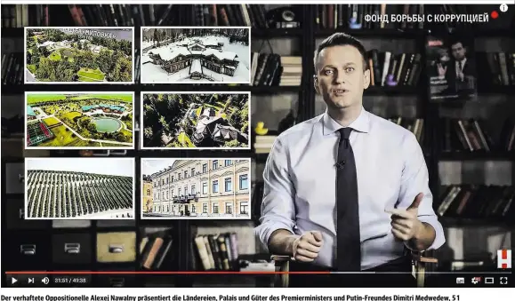  ??  ?? Der verhaftete Opposition­elle Alexej Nawalny präsentier­t die Ländereien, Palais und Güter des Premiermin­isters und Putin-Freundes Dimitri Medwedew, 51