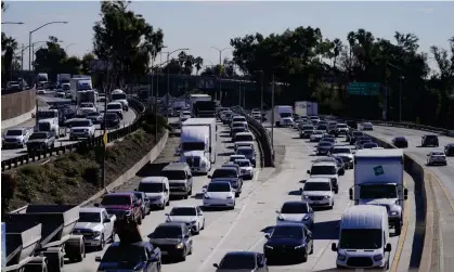  ?? Photograph: Damian Dovarganes/AP ?? Cars on the Interstate 5 after a fire closed the Interstate 10 in Los Angeles, California, on 14 November 2023.