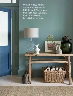  ??  ?? Wall in Waxed Khaki Velvet matt emulsion, £40.64 for 2.5ltr; door in Midnight Teal eggshell, £23.74 for 750ml, both Dulux Heritage