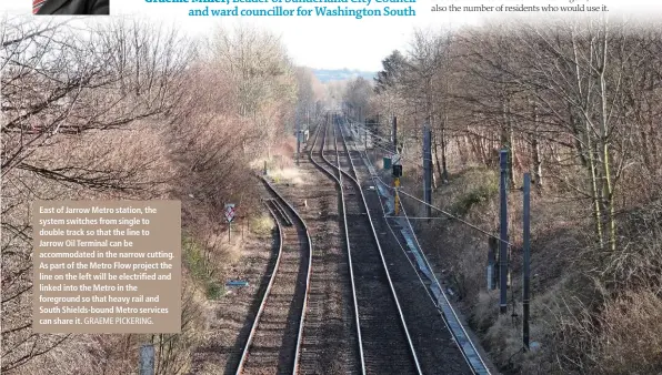  ?? GRAEME PICKERING. ?? East of Jarrow Metro station, the system switches from single to double track so that the line to
Jarrow Oil Terminal can be accommodat­ed in the narrow cutting. As part of the Metro Flow project the line on the left will be electrifie­d and linked into the Metro in the foreground so that heavy rail and South Shields-bound Metro services can share it.