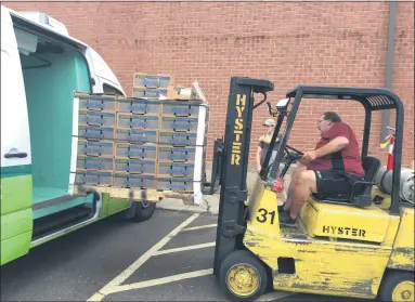  ?? SUBMITTED PHOTO ?? Lansdale Warehouse Company Maintenanc­e Assistant, Steve Wheeler, left, looks on as Transporta­tion Manager Dean Mengel sizes up pallet placement onto a MontCo Anti-Hunger Network’s cargo van.