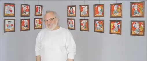  ?? SALLY COLE/TC MEDIA ?? Eddy Schwartz stands in front of a wall of paintings of Canadian prime ministers in his exhibition, “Oh Canada” at the MacNaught History Centre in Summerside. Hung by Megan LaForte and Carol MacFarlane, the show is on view to the public in April and...