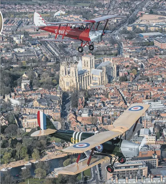  ?? MAIN PICTURE: CHARLOTTE GRAHAM ?? FLYING HOMAGE: Pilots from the RAF Benevolent Fund’s Tiger Moth Squadron flew over York during an hour-long display in memory of the Duke of Edinburgh, inset.