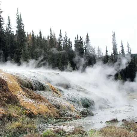  ?? STEVE GRASBY, GEOLOGICAL SURVEY OF CANADA ?? Spring water from deep undergroun­d carries heat and chemicals that feed orange microbial mats growing on the rocks at Larsen Spring, one of nine
thermal springs in northern B.C. and the southern Yukon. that show that “communicat­ion” with the shale gas...