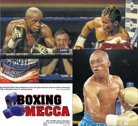  ?? Picture: GALLO IMAGES Picture: FILE ?? NO HOLDING BACK: Moruti Mthalane faces off against Genesis Libranza before winning by TKO at Wembley Arena in Johannesbu­rg FULL STEAM: Gideon Buthelezi goes in for the kill against Julius Alcos