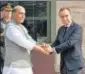  ?? ARVIND YADAV/HT ?? Defence minister Rajnath Singh with his French counterpar­t Sébastien Lecornu.