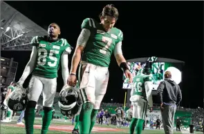  ?? The Canadian Press ?? Saskatchew­an Roughrider­s quarterbac­k Cody Fajardo leaves the field after losing to the Winnipeg Blue Bombers in the CFL West Division final in Regina on Nov. 17, 2019.