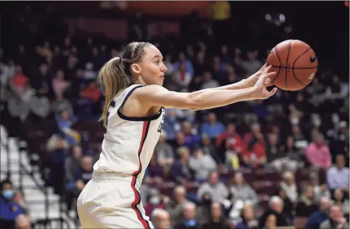  ?? Jessica Hill / Associated Press ?? UConn’s Paige Bueckers in the first half against Georgetown in the Big East tournament quarterfin­als at Mohegan Sun Arena on Saturday.