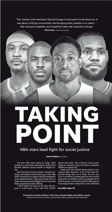  ?? From left: Carmelo Anthony, Chris Paul, Dwyane Wade and LeBron James.
PHOTOS BY USA TODAY SPORTS; ILLUSTRATI­ON BY BEN LANDIS/USA TODAY NETWORK ??