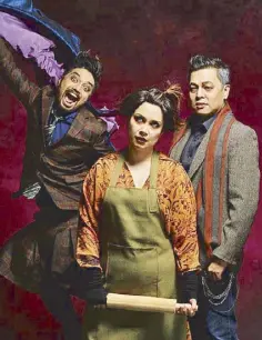  ??  ?? Sweeney Todd is the latest addition to Lea Salonga’s list of memorable musicals. She is Mrs. Lovett, who bakes strange but tasty meat pies. Joining her are Jett Pangan (right) and Nyoy Volante as Sweeney Todd and Adolfo Pirelli, respective­ly.