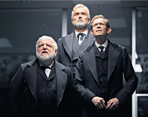  ??  ?? Patriarchs: Simon Russell Beale, Ben Miles and Adam Godley play the German brothers who moved to America in the 1840s, started a cotton business and built an empire