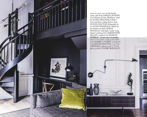  ??  ?? this page, from left: in the family room, sofa from SARAH LAVOINE; Carl Hansen & Søn ‘Wishbone’ chair by HANS J WEGNER;‘ CB0811’ iron-and-brass ceiling fixture from HOUSE DOCTOR; lithograph by CLAUDE WEISBUCH. Detail in the kitchen includes SERGE...