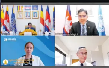  ?? MOI ?? Interior minister Sar Kheng during a virtual meeting with UN’s Vitit Muntarbhor­n (bottom right).