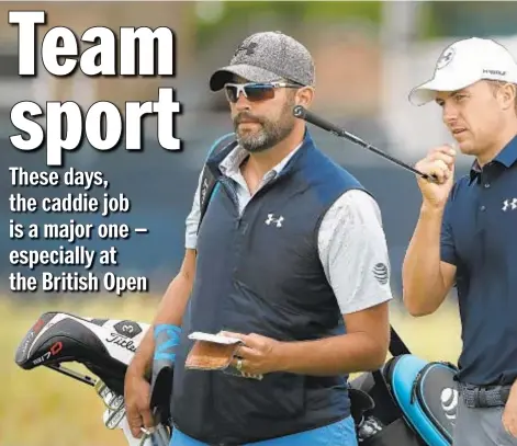  ??  ?? GETTY Caddie Michael Greller and Jordan Spieth have many a conversati­on on the course, which is becoming more and more the norm.