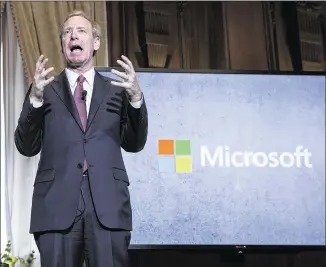  ?? CAROLYN KASTER / ASSOCIATED PRESS ?? Microsoft President Brad Smith announced the software giant’s plan to bring broadband internet access to rural areas. Some worry the initiative could harm TV programmin­g.