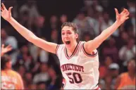  ?? Star Tribune via Getty Images ?? UConn’s All- American Rebecca Lobo celebrates her team’s victory over Tennessee to win the 1995 NCAA championsh­ip.