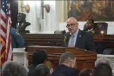  ?? TRENTONIAN FILE PHOTO ?? Trenton Mayor Reed Gusciora delivers his first “State of the City” address at City Hall.