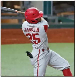  ?? (Special to the Democrat-Gazette/James D. Smith) ?? Christian Franklin tripled to score Jalen Battles to tie the score at 1-1 in the Razorbacks’ 4-1 victory over TCU on Monday at Globe Life Field in Arlington, Texas.