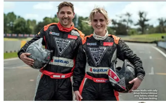  ??  ?? Nathan Wallis with rally driver Emma Gilmour and, below, wired up
for brain testing.