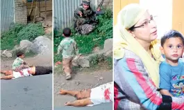  ?? ?? Three-year-old Ayaad, sits on the body of his 65-year-old grandfathe­r Bashir Ahmed Khan, who was killed in a shootout near Srinagar on Wednesday. He then walks over to a soldier and was later handed him over to his family.